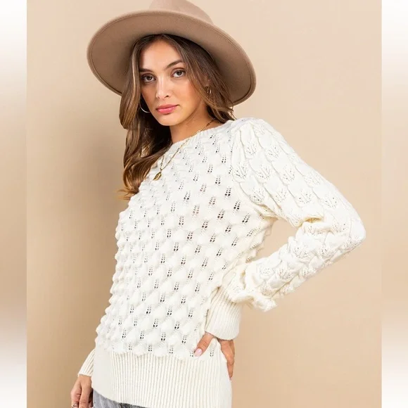 33 Boho Soft Two Tone Textured Sweater Top - Picture 4 of 7